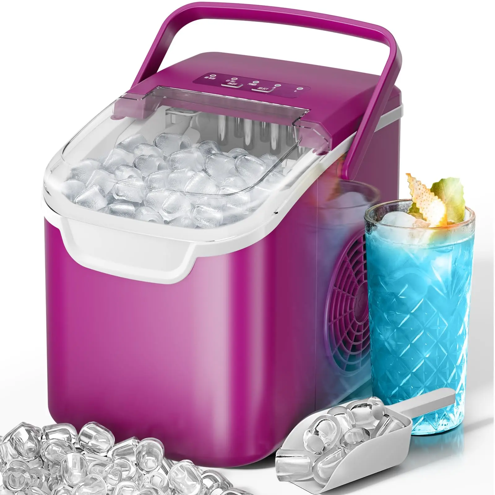 Kismile Countertop Icemaker with Handle - Bullet Ice Making Machine, 8 Cubes in 6 Mins, Portable Self-Cleaning Ice Machine for Home/Office (Purple)