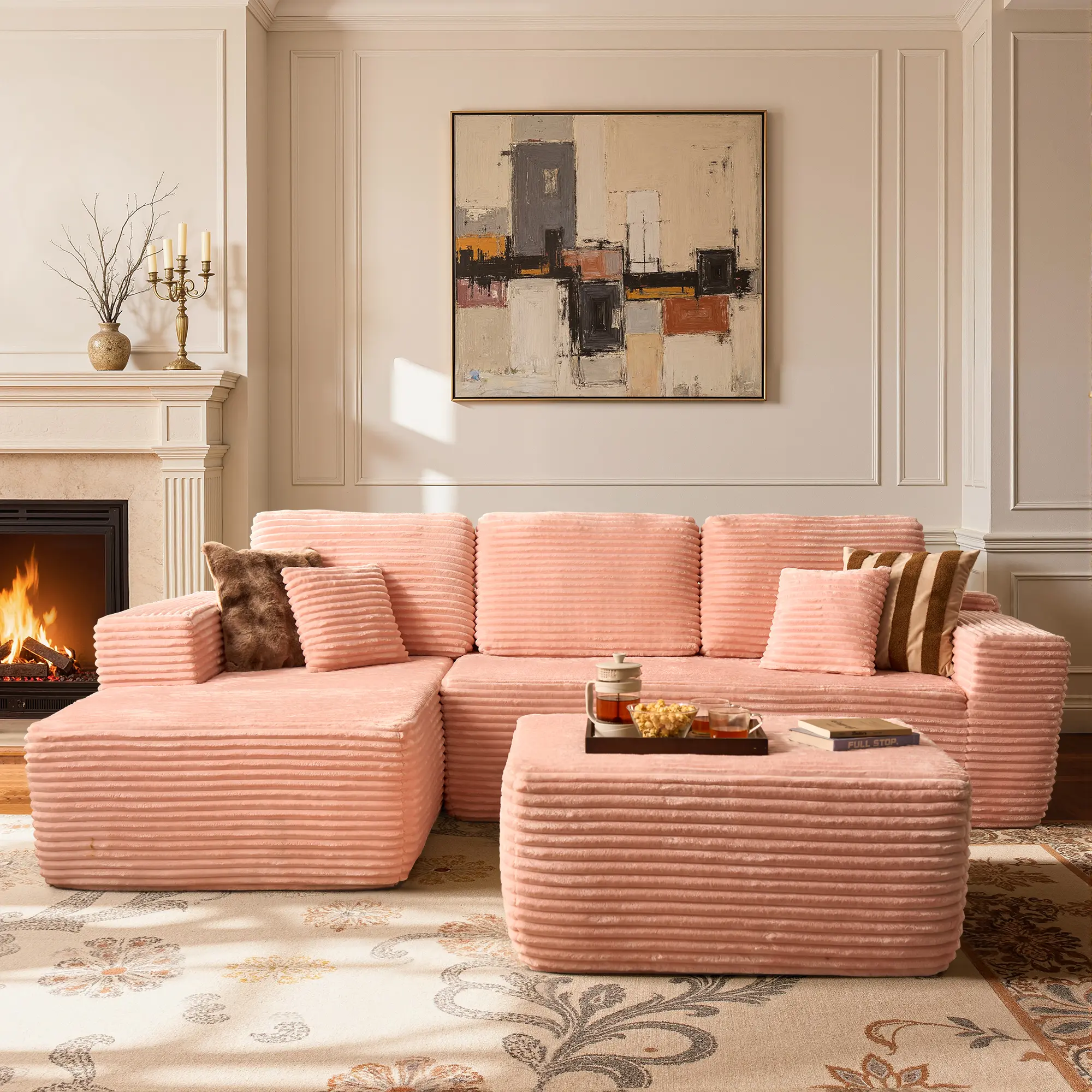 Pink Plush Corduroy Left Chaise