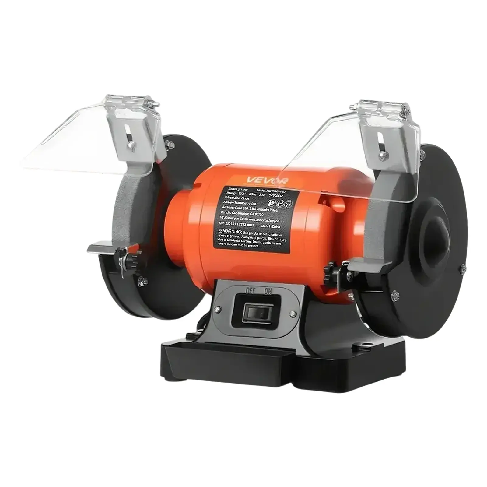 【Summerfinds】VEVOR 6-inch Single Speed Bench Grinder Power Tool, 3450 RPM Heavy Duty Hardware with 450W 3.8A Induction Motor, Steel Body, 2 36/60-Grit Wheels (20 lbs), Adjustable Eye Shield, 15.6x9.3x10.8 in Power Tools for Sharpening Blades