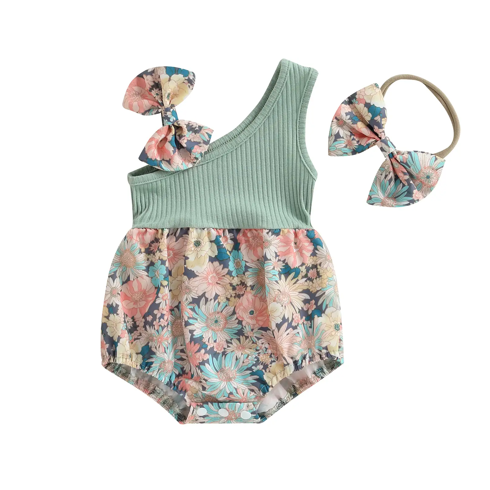 Baby Girl Outfits Summer Floral Print One Shoulder Bowknot Romper Newborn Infant Girls Cute Clothes with Headband