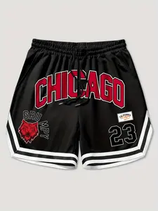 Men's Colorblock Chicago Letter Print Shorts, Drawstring Waist & Pockets, Summer Street Fashion, Sporty Loose-Fitting