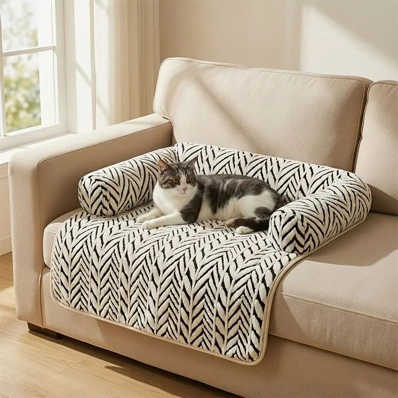 Dog Cat Couch Bed, Plush Pet Sofa Bed with Bolster, Non-Slip Pet Furniture Protector Cover for Small Dogs and Indoor Cats, Cozy Sofa Mat