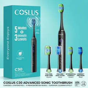 COSLUS C30 Sonic Rechargeable Electric Toothbrush for Adults & Couple: IPX7 Waterproof, 3 Intensities & 5 Modes with 2 Head Types for Gentle/Daily Care/ Cleansing -Ideal for Home, Travel & Personalized Oral Protection