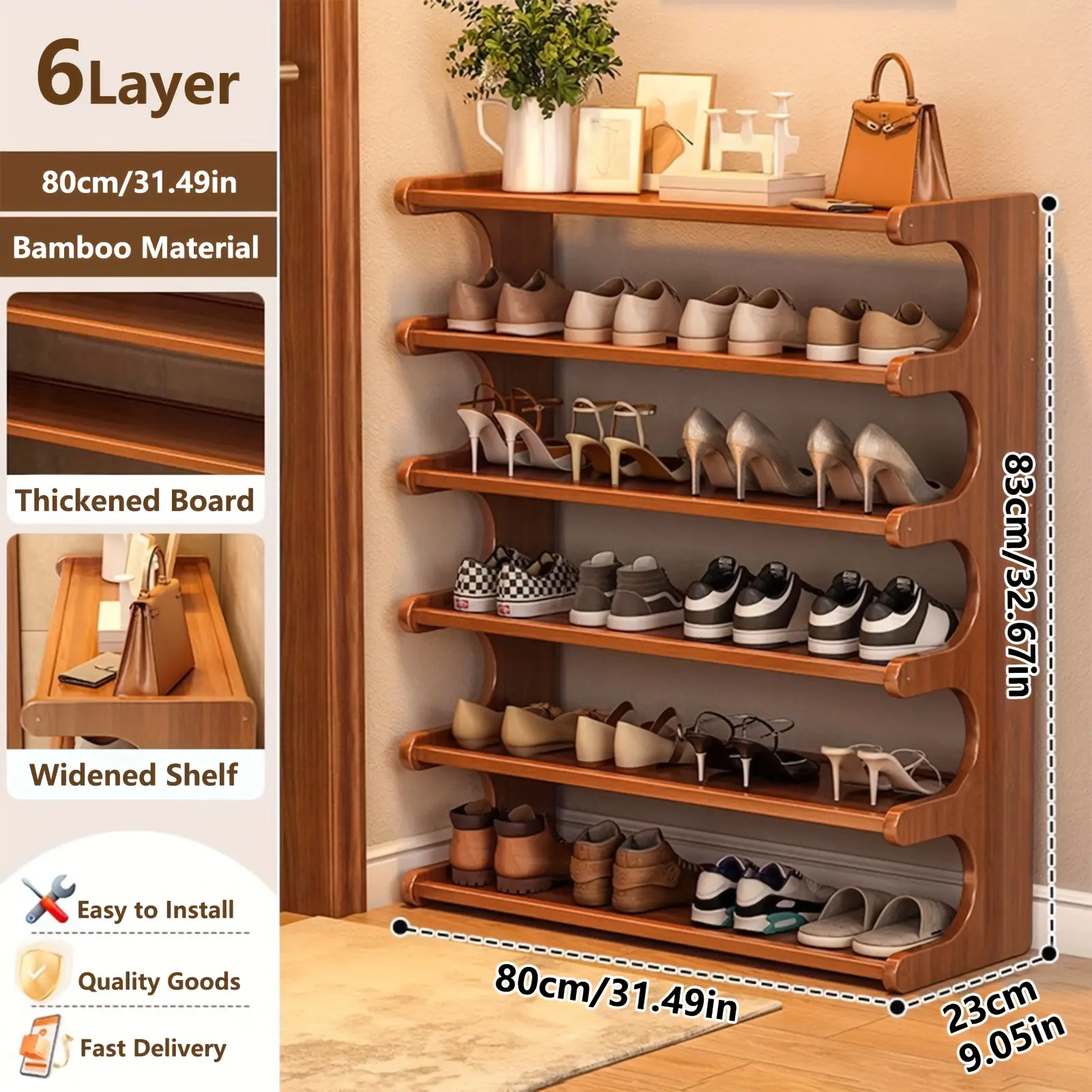 A [Bamboo Shoe Rack] Christmas Gift Bamboo Shoe Rack | Wood Grain Finish Shoe Storage Rack, Holds 6/15/24 Pairs, Easy to Assemble, Space-Saving | 3/5/6-Tier Shoe Rack for Front Door Entryway, Entry Hallway, Living Room, Bedroom, Garage