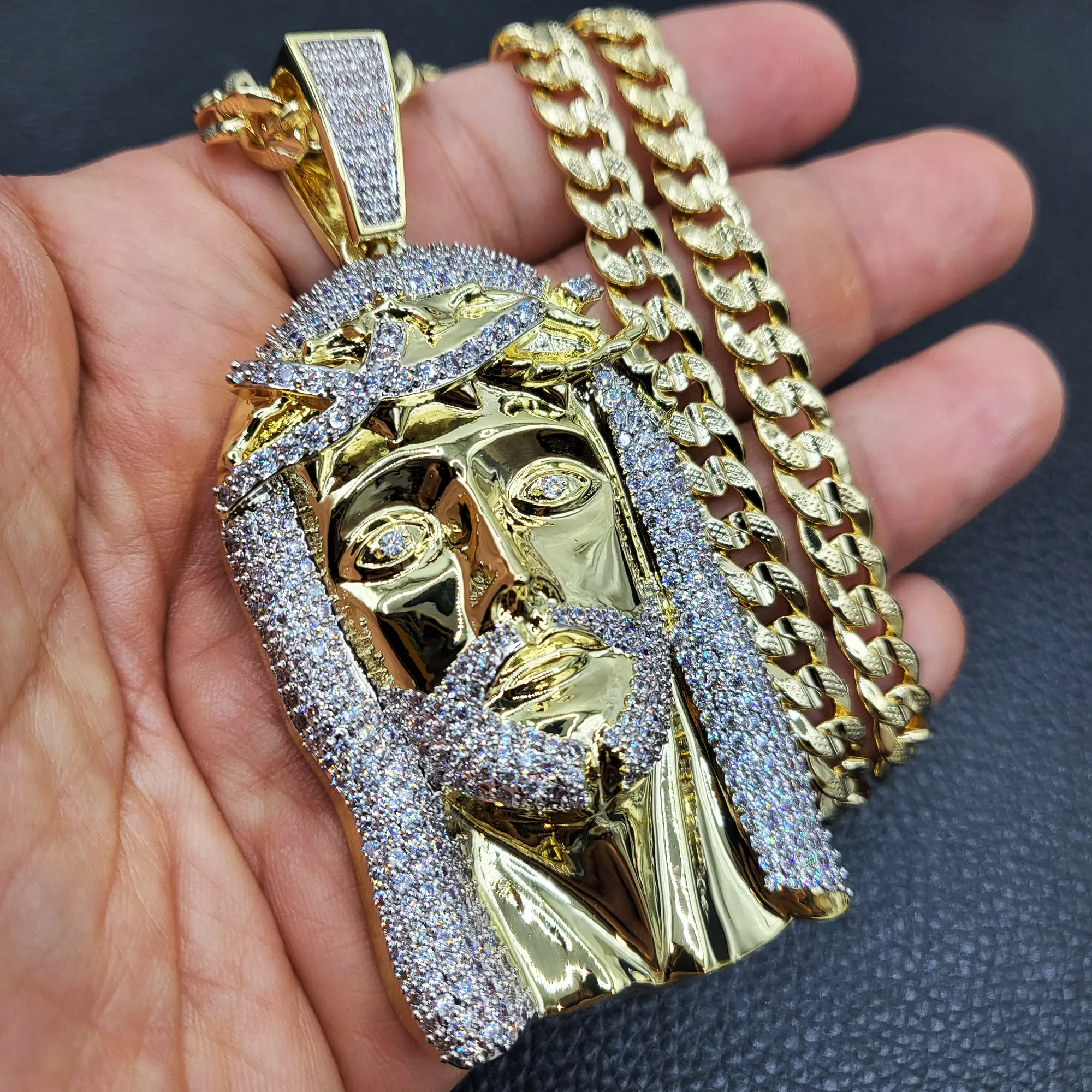 MaxBling81 Unisex Jesus Brass Simulated Diamond Pendant & 14K Stamped 8mm Miami Cuban Chain & Link Necklace, 20" Daily/24" Long Hip Hop Fashion Costume Jewelry
