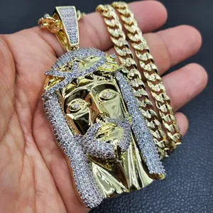 Jesus Brass Simulated Diamond Pendant & 14K Stamped 8mm 20" 24" Miami Cuban Chain Hip Hop Necklace Fashion Jewelry