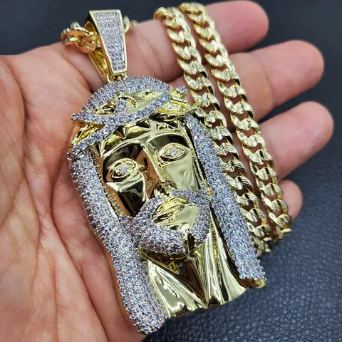 MaxBling81 Unisex Jesus Head Pendant with 14K Stamped 8mm Gold Plated Miami Cuban Chain Necklace, 20"/24" Cable-Casual Hip Hop Costume Jewelry, Diamond Tester Approved Daily Wear Accessory