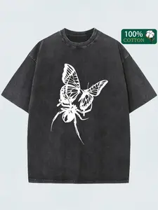 230G washed cotton, spider and fusion butterfly pattern print, high quality batik cotton, round neck short sleeves, loose black T-shirt, daily casual wear, a must for outdoor vacation, machine washable