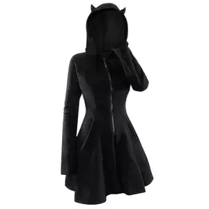 Women's Patchwork Gothic Hooded Long Sleeve Pleuche Cat Ear Slim Dress Dress plus Size Women's Hooded Dress Shirt