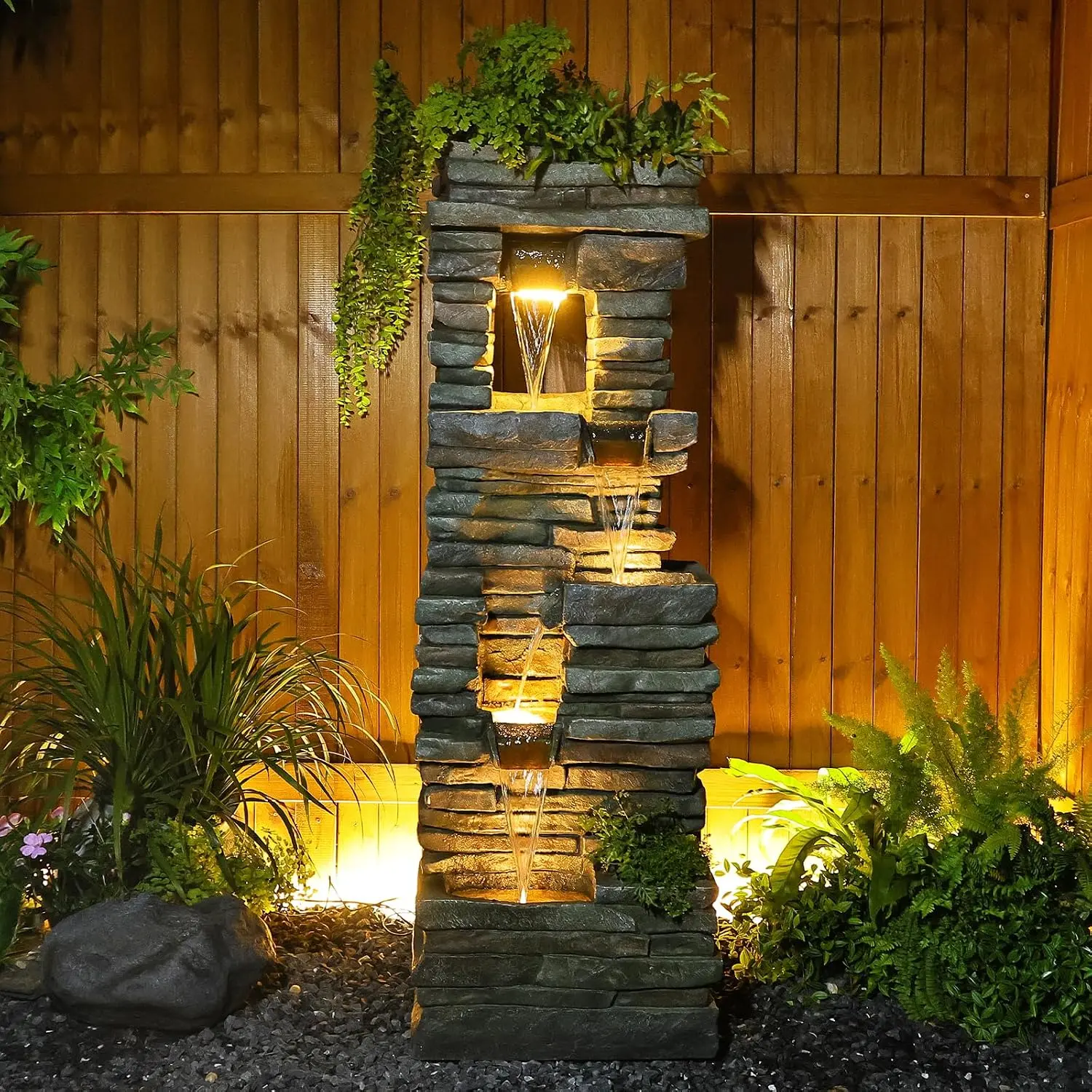 Tankana 60 inches Large Outdoor Water Fountain Waterfall — Garden Rock Fountains 4-Tiered Waterfalls Outdoor with Lights Natural Stone Look Hollow Fountain for Patio Pool Porch Backyard, Stone Gray