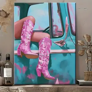 2D Flat Framed Canvas Art - Vibrant Pink and Blue Cowboy Boots with Floral Embellishments, Solid Wood Frame - Perfect for Home Decor, Living Room, Bedroom, Ready to Hang, Western Home Decor, 2D, Perfect for Room Decor