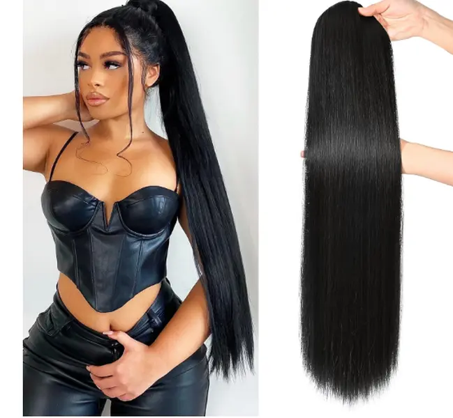 Long Ponytail Extension for Women, 30-Inch Black Straight Hairpiece from Premium Material, Heat & Tangle-Resistant Drawstring Clip-In, Synthetic Extensions, 30 Inch Extensions