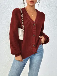 Women's Minimalist V-Neck Button Knitting Cardigan, Loose Polyester Long-Sleeve Outerwear, Casual Layering Tops for Women (Spring & Autumn Use)