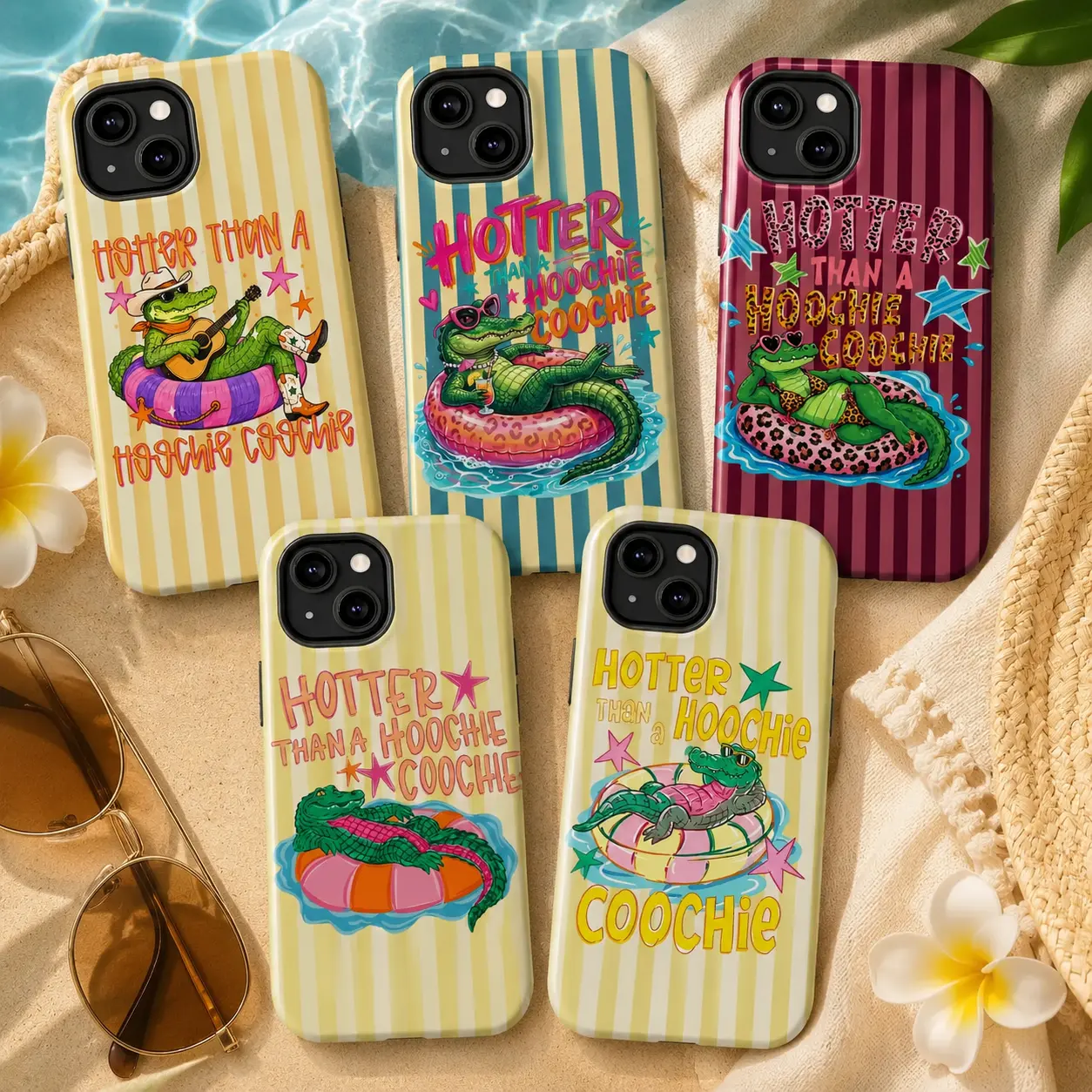 Hotter Than A Hoochie Coochie Gator Phone Case, Summer Striped Funny Gator Lake Life Aesthetic For iPhone, Alligator Cowgirl, Halloween Gifts