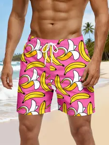 Men's Summer Beach Shorts, Fun Cartoon Banana Print, Drawstring Holiday Shorts, Hawaiian Style, Loose Fit, Casual Wear