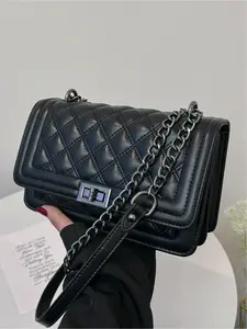 Elegant Crossbody Bag with Embroidered Design, Single Shoulder Bag with Chain Strap, Solid Color Commuter Bag, Versatile and Stylish, Quilted Shoulder Crossbody
