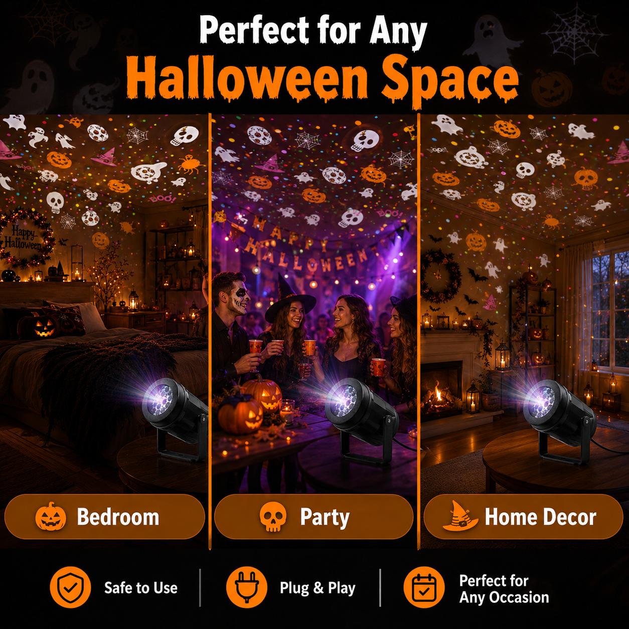 Halloween Projector Light, USB Powered Adjustable Projection Lamp with Ghost, Skull, Spider Web, Witch Hat, Moon, Spider & Bat Patterns for Bedroom, Kids Room, Party & Home Decor, Kids, Teens & Families