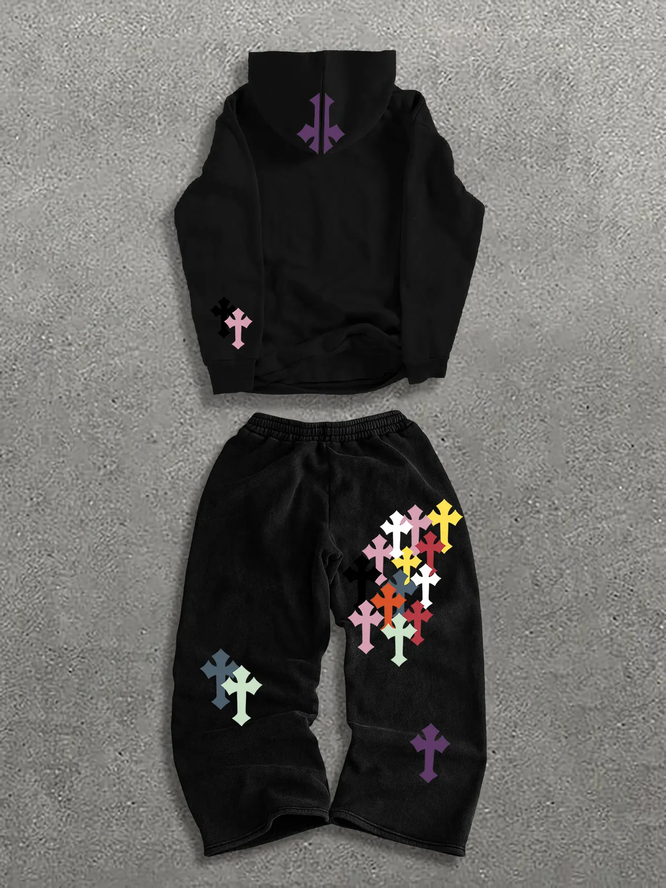 Men's Trendy High-End Casual Set, Hooded Sweatshirt & Straight-Leg Pants, Graphic Print, Geometric, Wrinkle-Free Fabric, All Seasons Wear