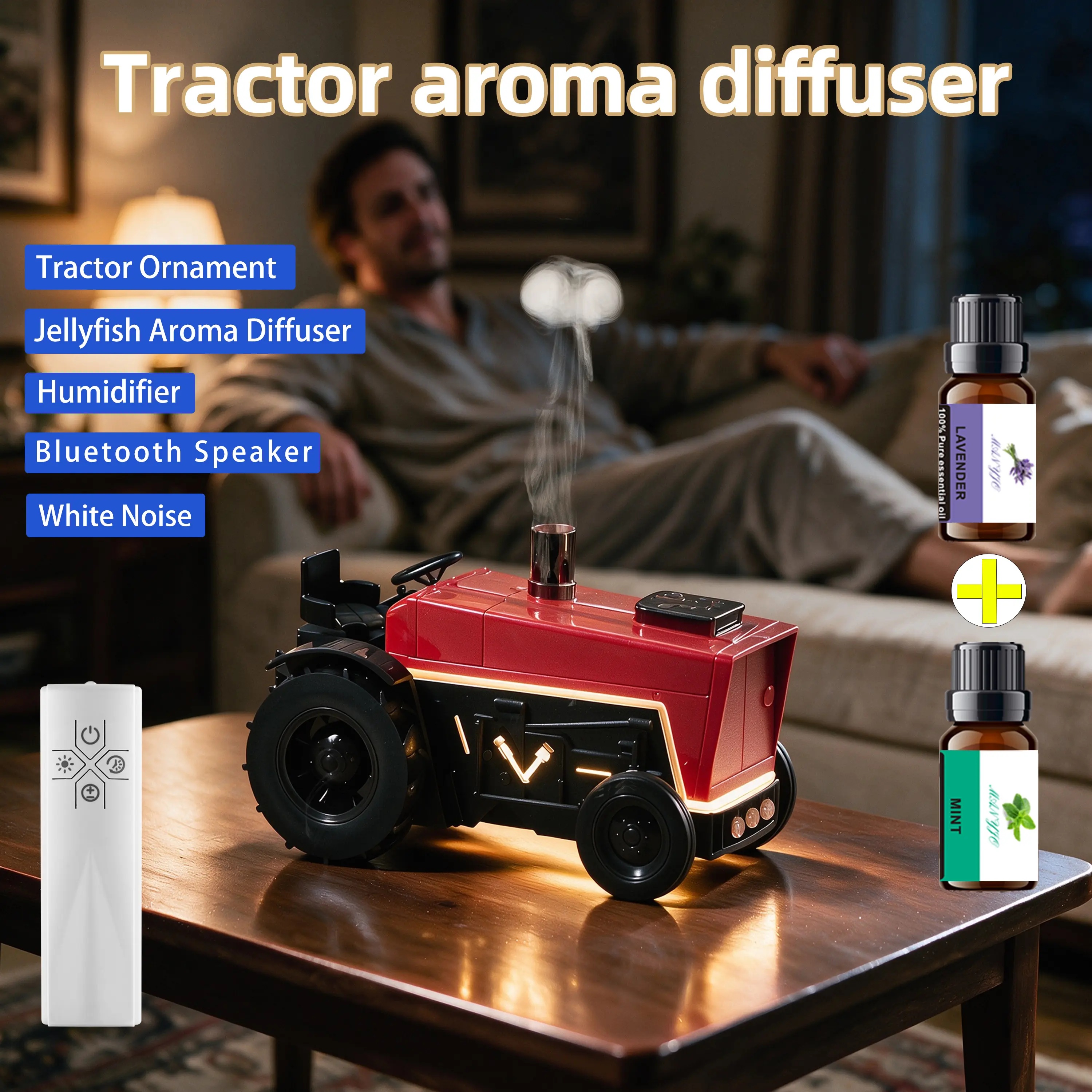 Essential Oil Diffuser & Humidifier, Vintage Tractor Jellyfish Smoke Ring Mist Device Featuring Bluetooth Speaker, 9 Natural White Noise Modes & Timer Function. Free Essential Oil Included, Perfect Gift for Birthdays, Housewarmings and Holidays