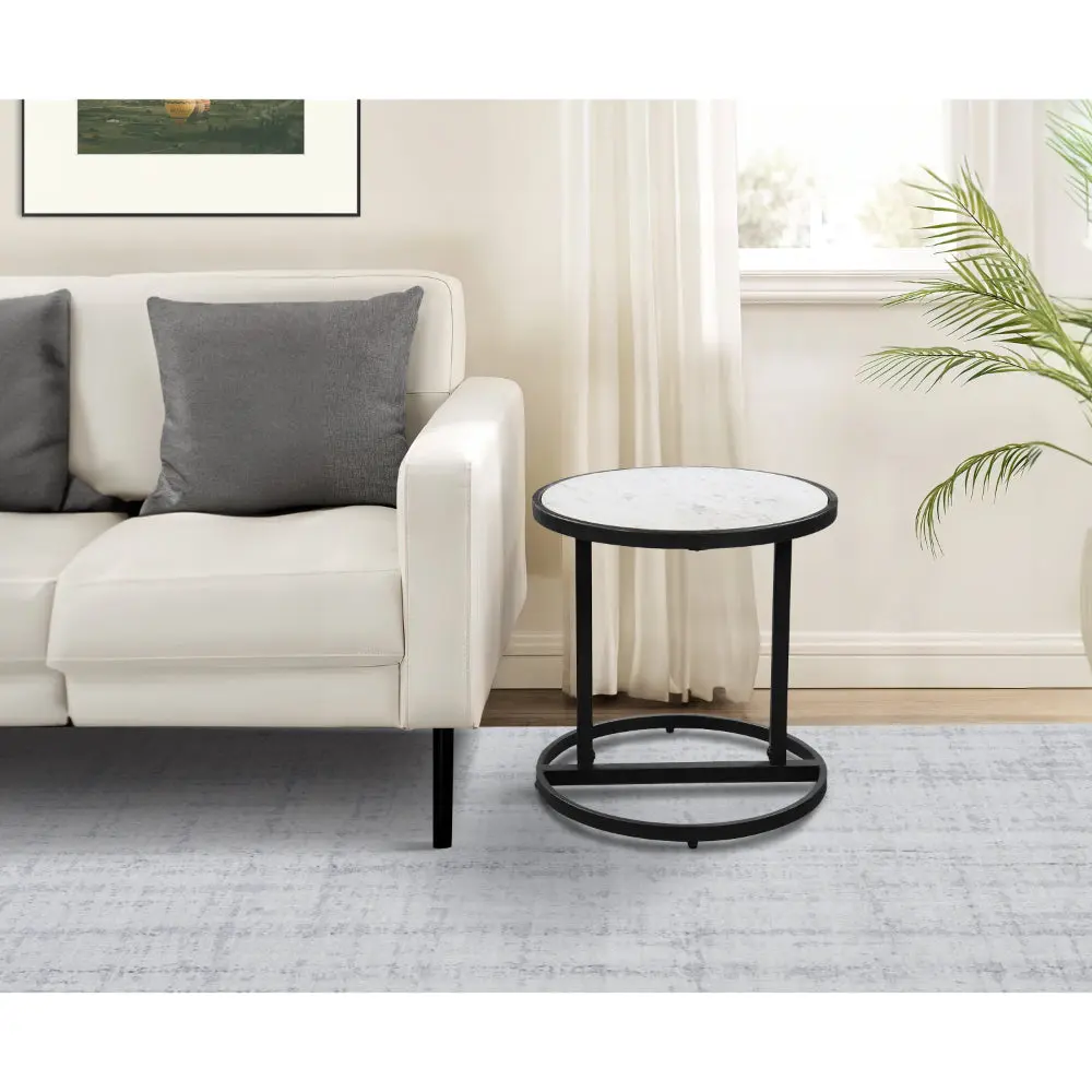 Beri 18 Inch Side End Table, Round White Natural Marble Top, Classic Slim Black Iron Frame - The Urban Port