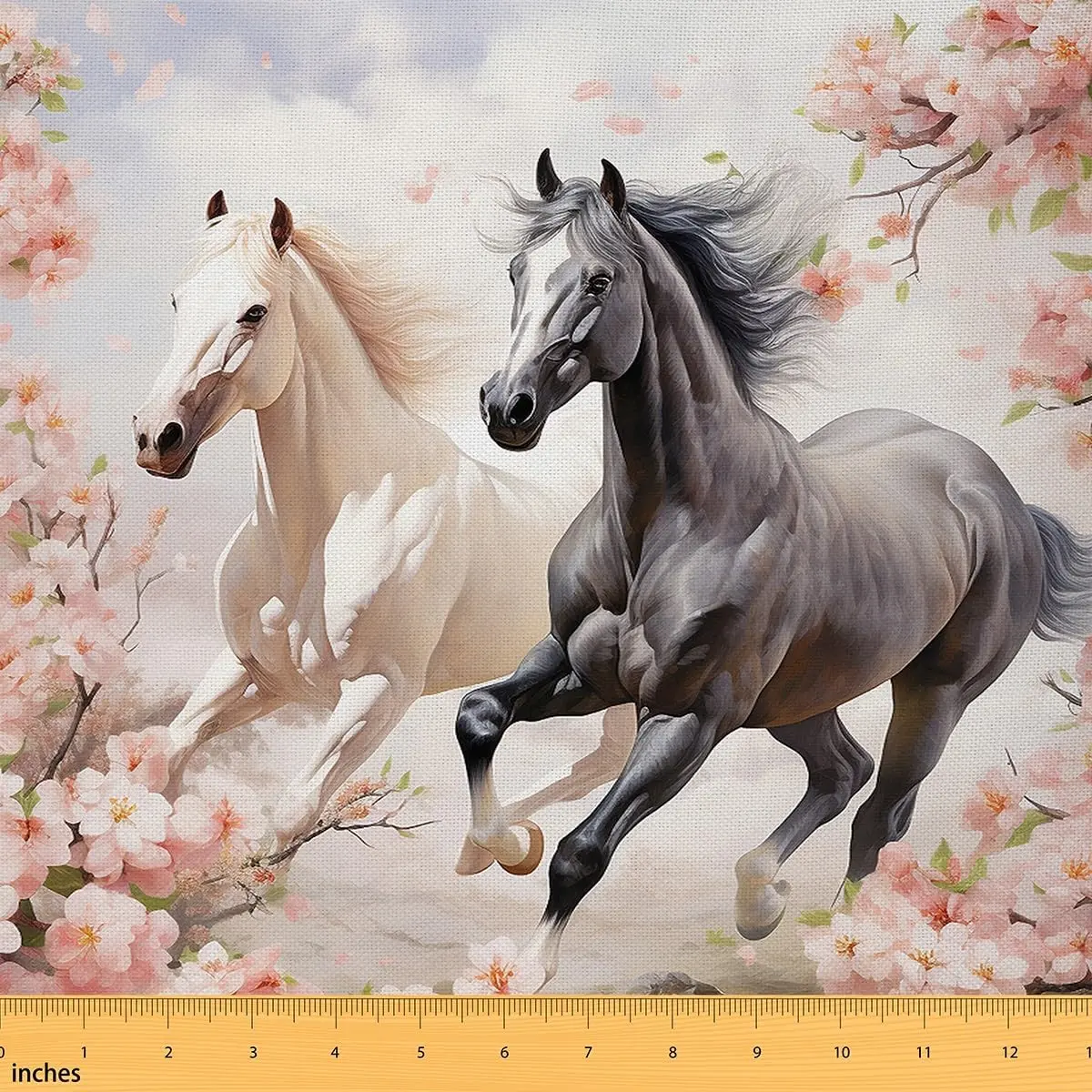 Horse Fabric By The Yard,1 Yard,Chic Cherry Blossom Waterproof Fabric,White Galloping Horse Printed Upholstery Fabric for Chairs,Wild Animal Fabric