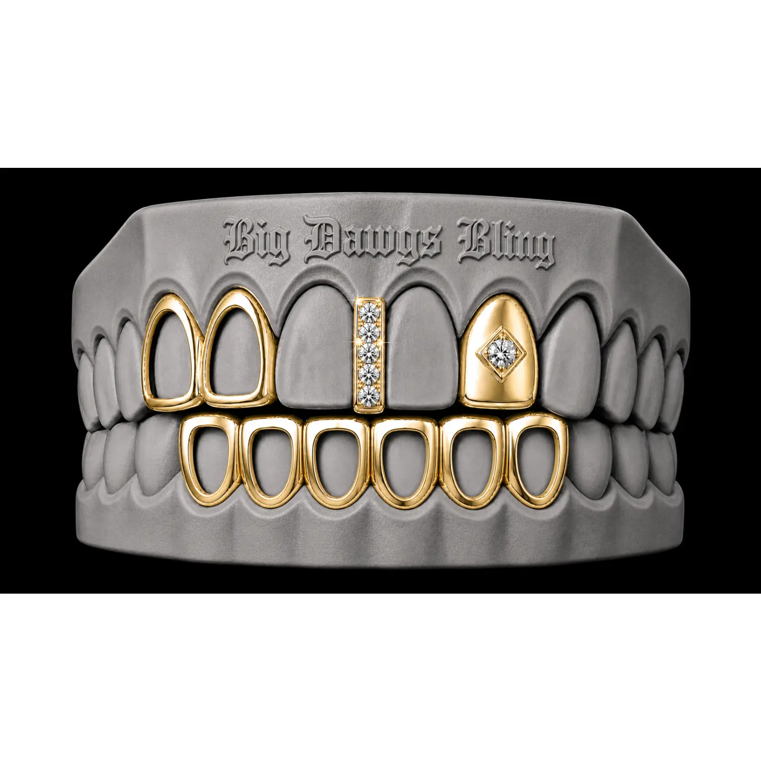 14K Gold Plated Open Double Tooth, Diamond Grillz Cap, Iced Gap & Open Lower 4pc Set