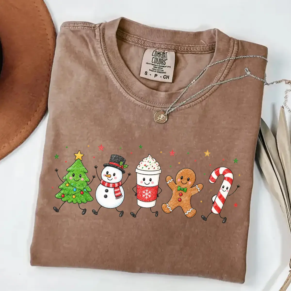 Comfort Colors Christmas Doodle Character Shirt, Cute X-Mas Tee, Christmas Tree Snowman Gingerbread, Holiday Coffee Graphic