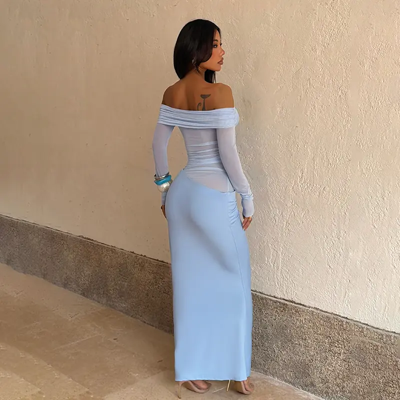 JY24308DGO-Women's Mesh Long Sleeve Off Shoulder Maxi Bodycon Dress, Chic Cutout Waist Long Dress, Spring JY24308DGO-Women's Mesh Long Sleeve Off Shoulder Maxi Bodycon Dress, Chic Cutout Waist Long Dress, Spring