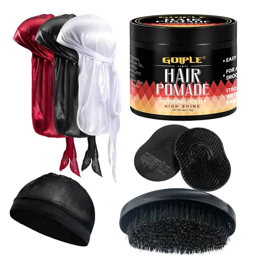 Men's Hair Care Set, 360 Wave Training Kit with Arc Brush & Durag Cap, Silky Shine, Strong Hold, Easy Clean, Wave Pomade, Styling Essentials