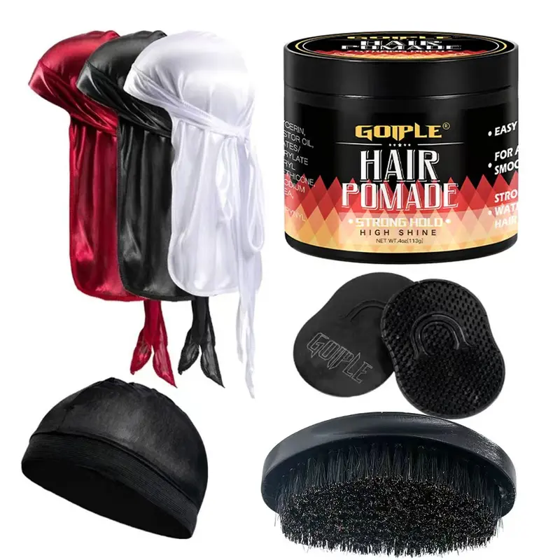 Men's Hair Care Set, 360 Wave Training Kit with Arc Brush & Durag Cap, Silky Shine, Strong Hold, Easy Clean, Styling Essentials