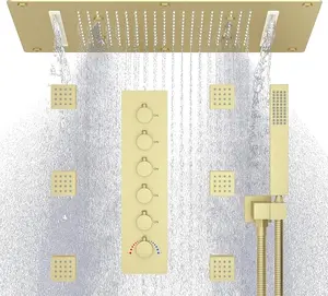 14.96 x 27.56inch Luxury Mist Multifunctional Shower Head System 6pcs Shower Jets Body Sprays Faucet Set Shower Combo Kit, Brushed Gold
