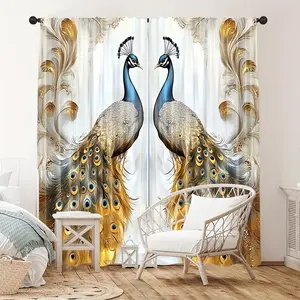 2-Piece Peacock Floral Print Semi-Transparent Curtains, High-Quality Rod Pocket Curtains for Bedroom Living Room Kitchen Office, Window Curtain