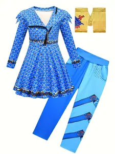3-Piece Descendants Dress Set, Ocean Blue Diamond Dress + Gloves + Personalized Pants, Perfect for Girls Halloween Christmas Easter Cosplay