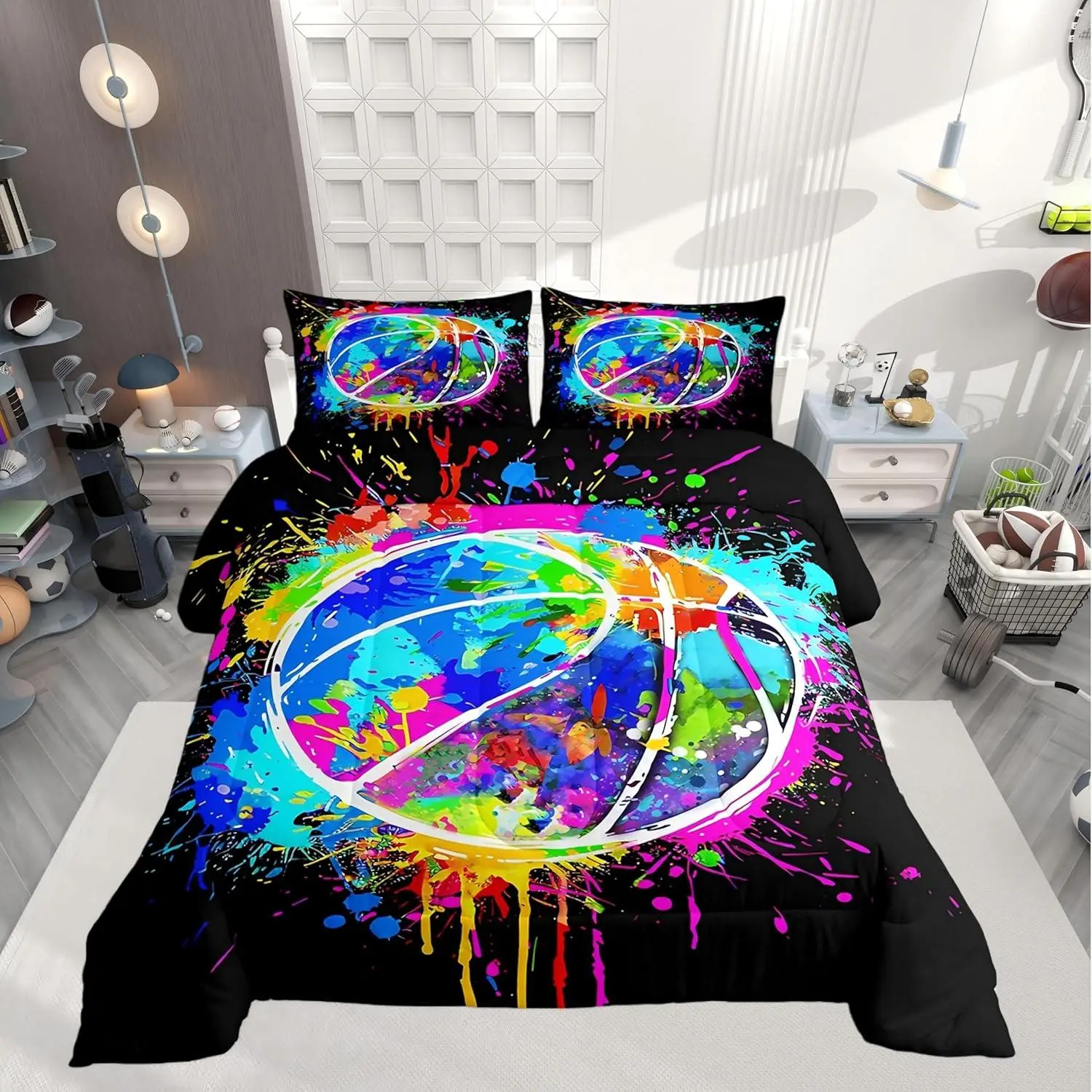 Basketball Comforter Set,Watercolor Tie-dye Bedding Set,Kids Young Man,Color Graffiti Hip Hop Style Comforter for Teen Child Room Decor,Sport Gaming Quilted Duvet Set
