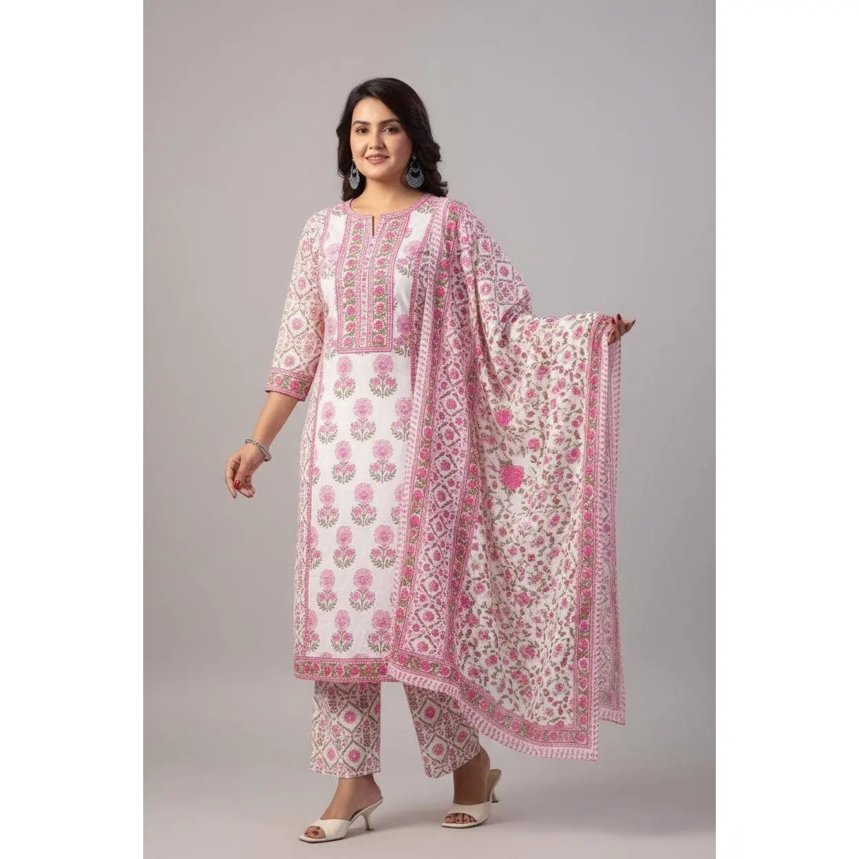 Pink Floral Printed Cotton Kurta Set with Matching Dupatta