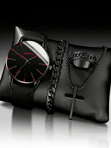 Men's Fashion Watch & Jewelry Set, Including Round Dial Watch & Pendant Necklace & Bracelet & Ring, Ideal Birthday Gift for Men