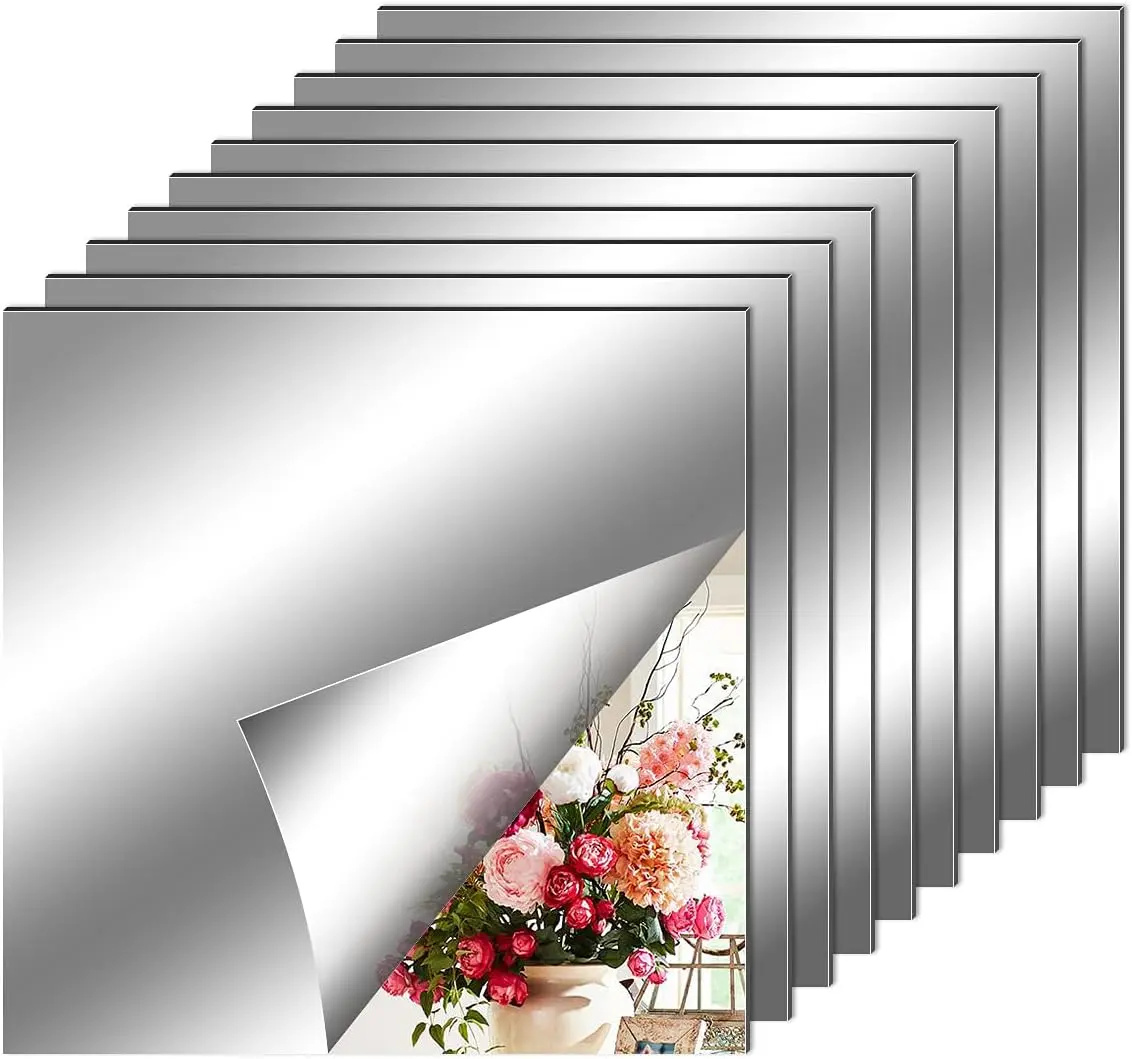 10 Pieces Flexible Mirror Sheets, Self Adhesive Decorative Plastic Mirror Tiles Non-Glass Mirror Stickers for School Educational and Home Wall Decor(8x8 Inch)