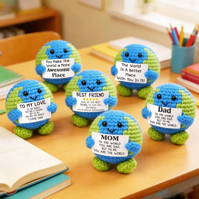 Cute Handmade Crochet Earth Doll with Message Card, Blue Green Amigurumi Globe Plush, Gift for Mom Dad Friends Loved Ones, Desk Decor