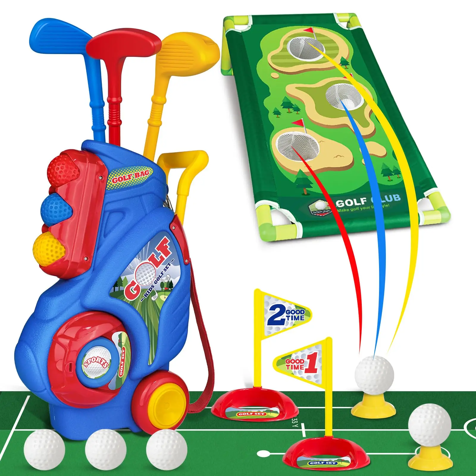 Golf Set For 2 3 4 5 Years Old  Upgraded Cart With Putting Mat & Cornhole Board Outdoor Indoor Sports Toys Blue
