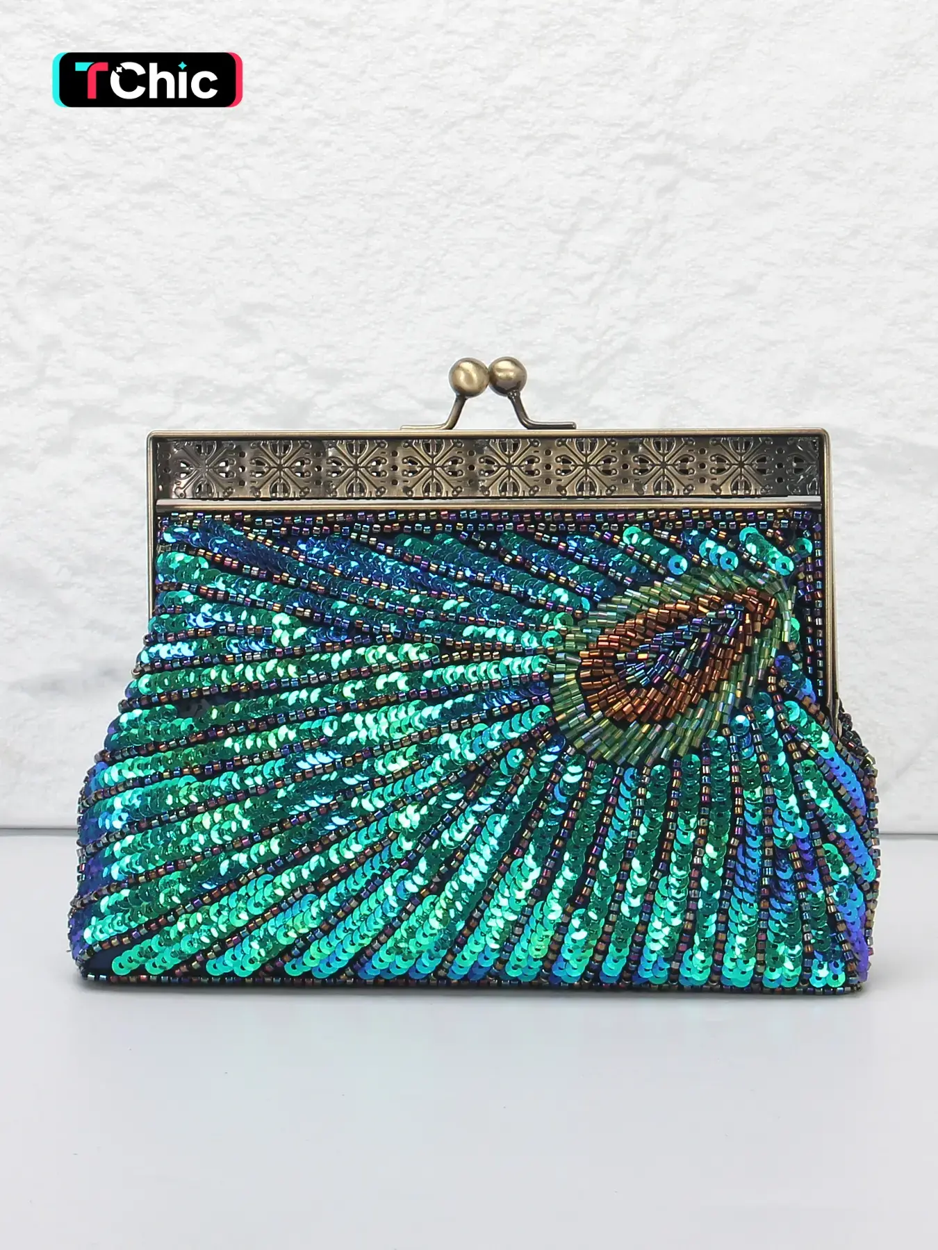 Elegant Vintage Sequin Clutch Bag, Classic Peacock Feather Design, Beaded Evening Handbag with Shoulder Chain, Perfect for Parties & Weddings, Elegant Stylish Purse