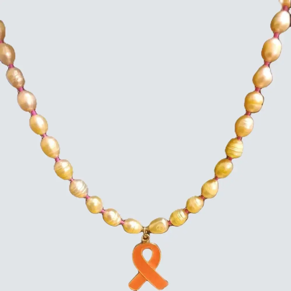 Handmade Breast Cancer Awareness 20-inch 9mm Rice Pearl Necklace with Pink Ribbon Charm & Silver Toned Alloy Toggle Clasp