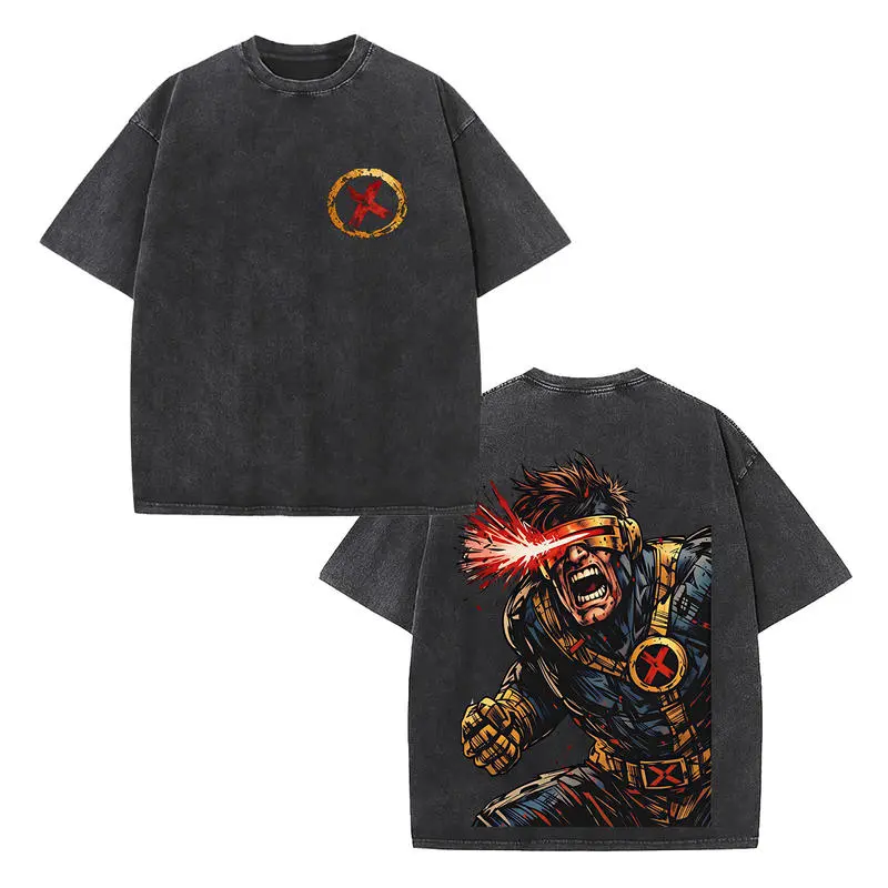 Retro Cyclops (Scott Summers) "X-Men" Double-Sided Vintage Washed T-Shirt, MCU X-Men Laser Beam Graphic Tee, Unisex Oversized Heavyweight Cotton Streetwear Top, Ideal Gift for X-Men Fans & Superhero Lovers Classic Apparel