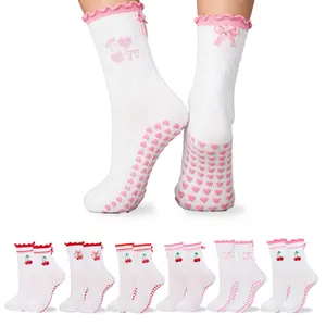 MhzyCaus 6 Pairs Pink Heart-Patterned Yoga Socks - Ruffled Cuffs, Bow Embellishments, and Grippy Soles for Secure Workouts & Casual Outfits Pilates Grip Socks with Grippers Breathable Moisture-Wicking Sports Socks Anti-Slip Women's fit Mid-Length White