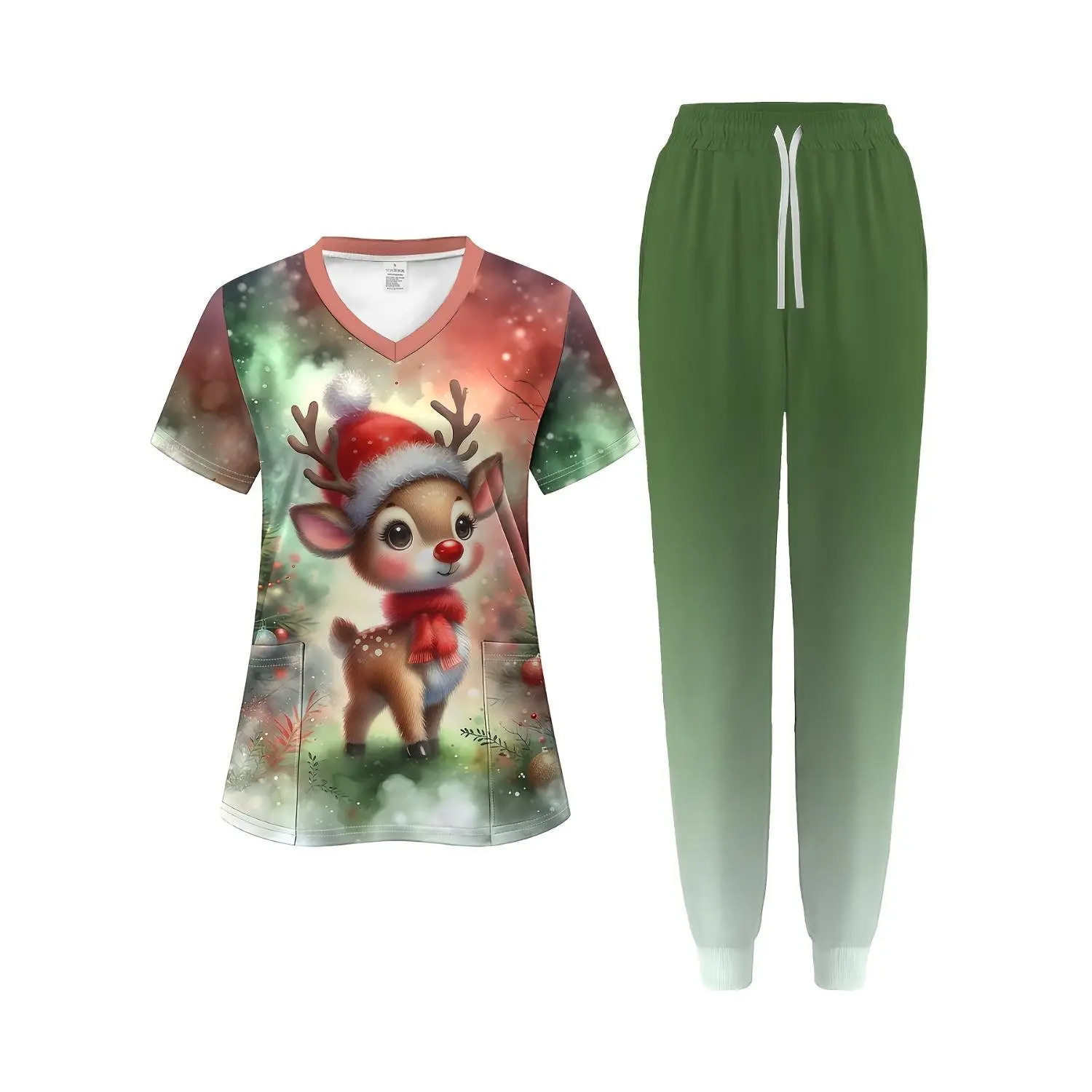 Cute Reindeer & Floral Christmas 3D Printed Women's Two-Piece Set, V-Neck Pocket Top and Pants Workwear Outfit