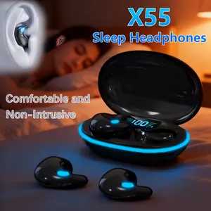 X55 • New Comfortable Sleep Wireless Earbuds • Pain-Free In-Ear Mini Ultra-Small Wireless Earbuds • LED Cool Light • Digital Display • Cool Light Surrounding Aesthetic Earbuds • Charging Left and Right Ear Flashing • Button Design • Transparent Cover