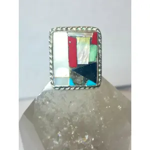 Navajo ring size 7 turquoise MOP Onyx coral southwest sterling silver women