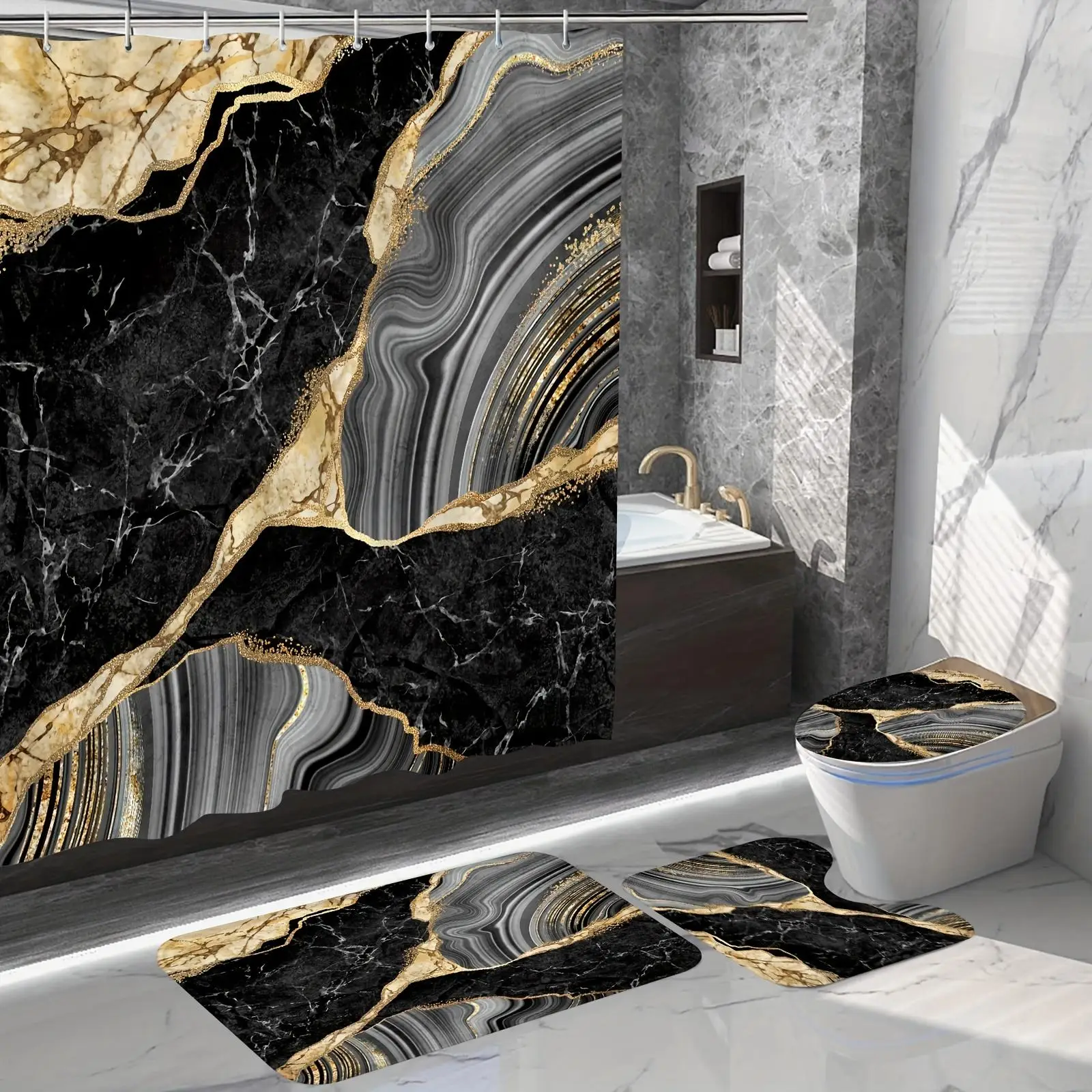 Marble Pattern Bathroom Room Decor Curtain & Floor Mats Set, 4 Counts Anti-slip & Waterproof Shower Curtain with Hooks, Exquisite Home Decor for Bathr