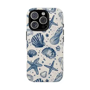 Nautical Seashell iPhone Case – Blue Ocean Starfish & Shell Pattern on Cream Background, seashell Phonecover, Gift for him for her