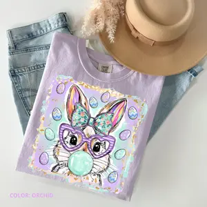 Comfort Colors Coquette Bunny Tshirt, Glitter Happy Easter T-Shirt, Bow Brushstroke Easter Tee, Cute Girls