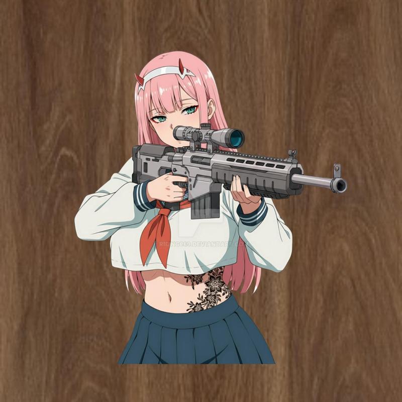 Zero Two with AR-15 Rifle Tactical Schoolgirl Sticker – Anime Vinyl for Laptop & Gear Setup, Anime Waifus Sticker